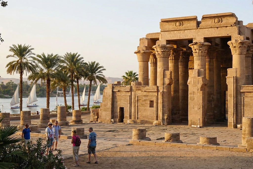 Visitors at Kom Ombo Temple with palm trees and Nile boats, luxor aswan cruise, egypt private tours