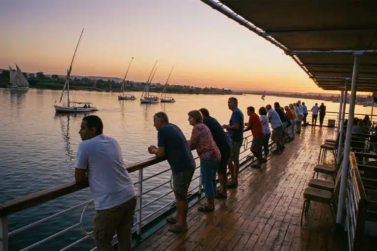 Travelers enjoying a sunset view on a Nile River cruise during the Giza Pyramids t Giza Pyramids tour, abu simbel temple tour