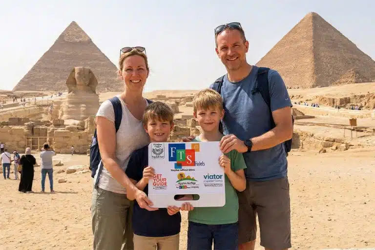 Family at Giza Pyramids during their egypt tour packages