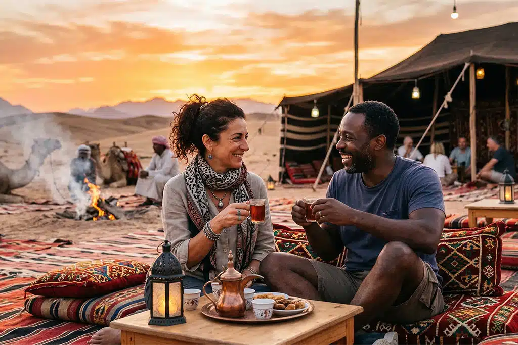 Couple enjoying tea in the desert atv quad polaris, riding quads near me
