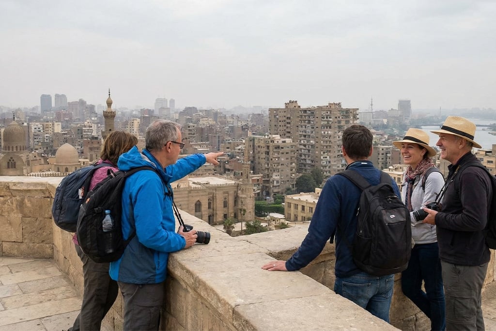 Travelers at the viewpoint of mohamed ali mosque, pyramids cairo tour