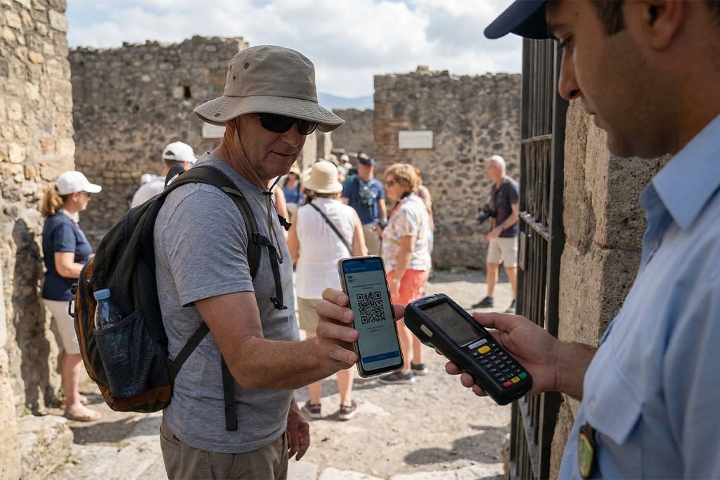 Traveler scanning QR ticket at mohamed ali mosque, pyramids cairo tour