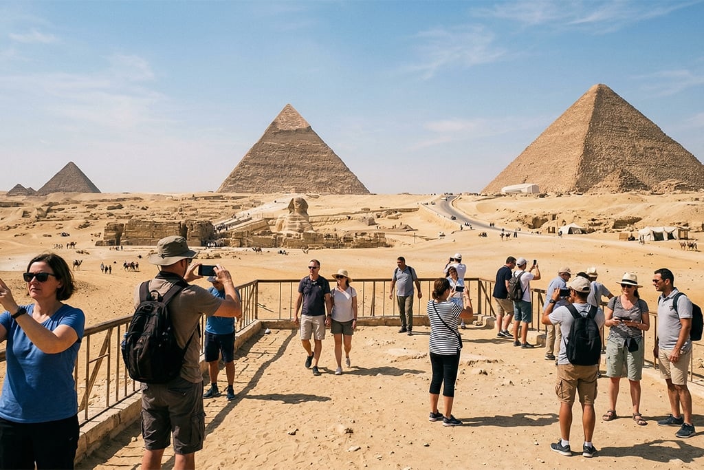 Group of tourists at the Giza Pyramids giza pyramid tour, giza pyramid tours cairo