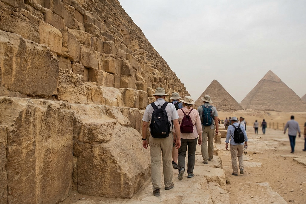 Group walking near the Giza Pyramids with pyramids photographer, giza photographer