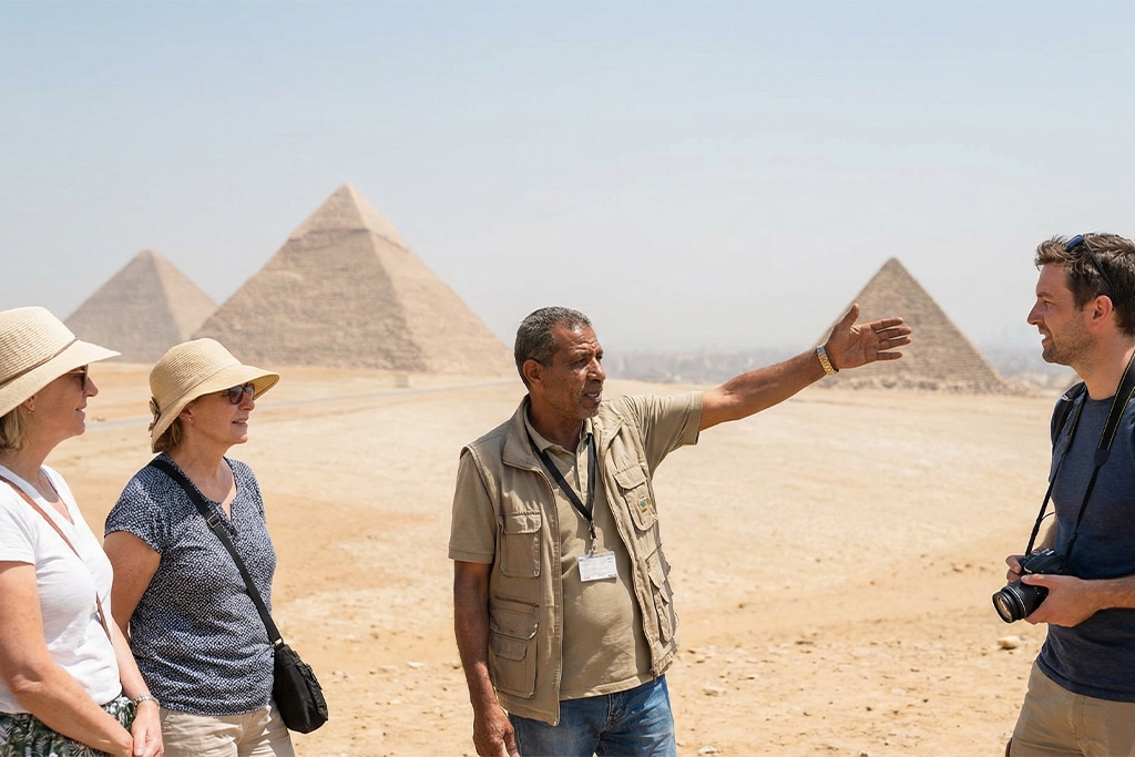 Tour group with at Giza pyramids photographer, private pyramids tour