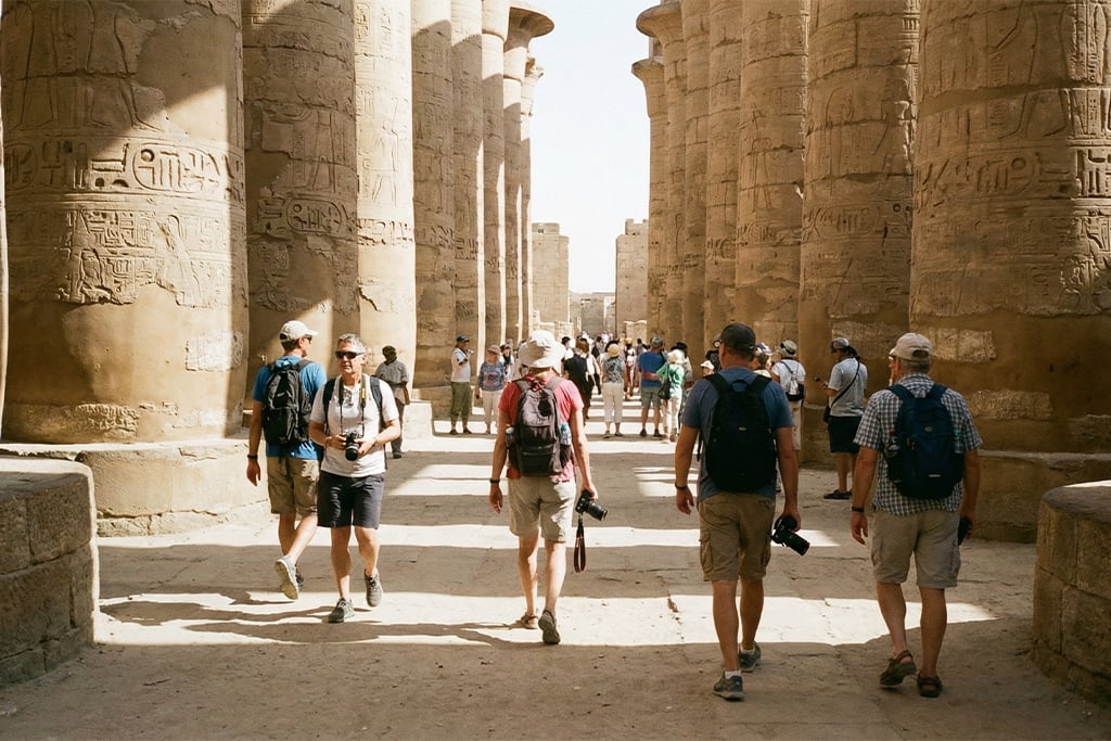Visitors exploring flights to luxor, karnak temple complex