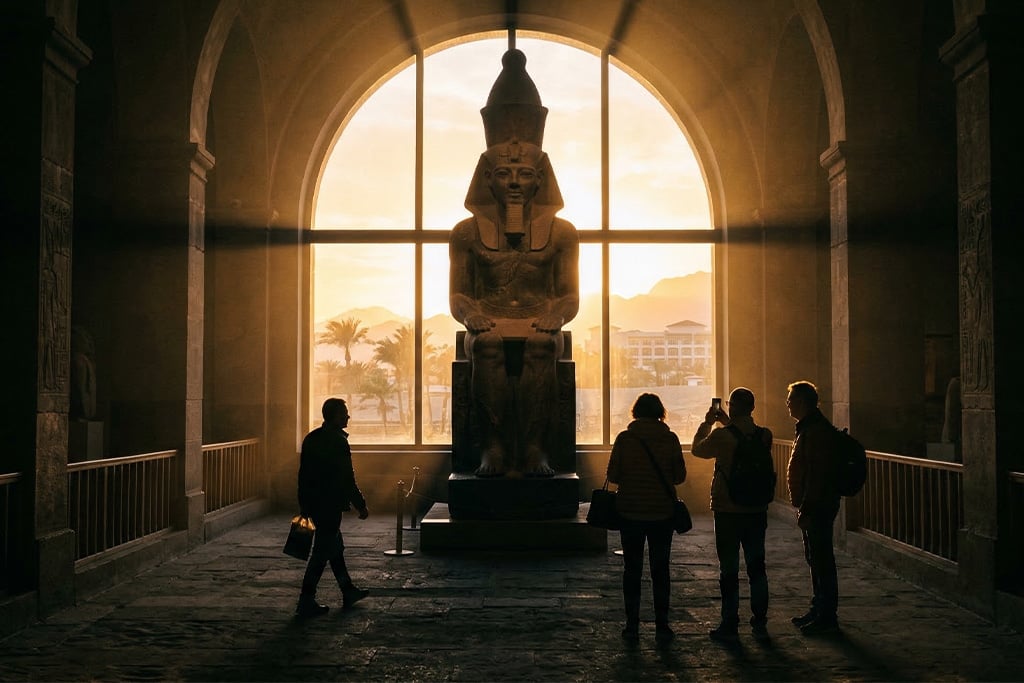 Visitors at admire a statue the egyptian museum, the museum of cairo