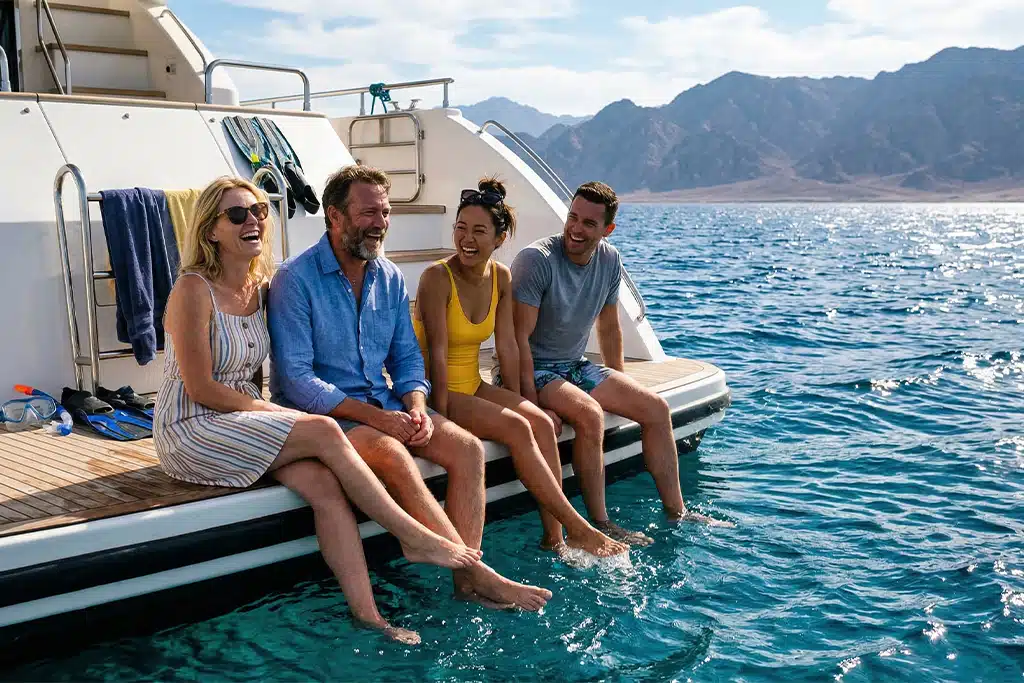 Friends enjoying a boat trip before their intro dive course sharm, scuba diving white island