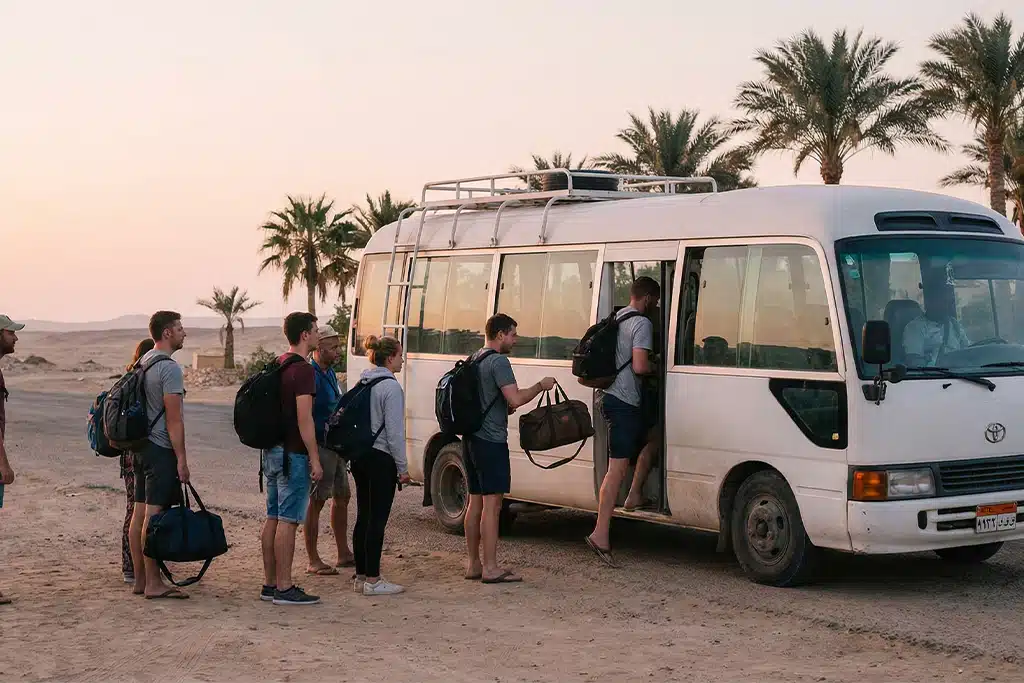 Travelers boarding a bus trip to valley of the kings, valley of the kings inside