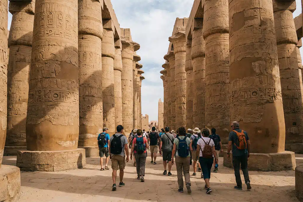 Visitors walking among the columns at Karnak Temple, trip to valley of trip to valley of the kings, valley of the kings tombs
