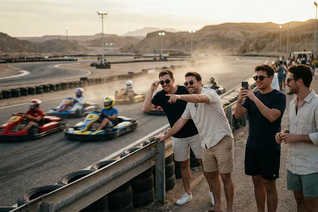 Friends enjoying go karting sharm el sheikh, karting experience sharm, ghibli raceway tickets