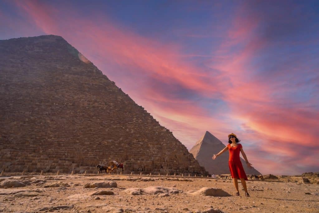 Giza Pyramids at sunset during a day trip to pyramids from cair day trip to pyramids from cairo, cairo pyramids full day tour