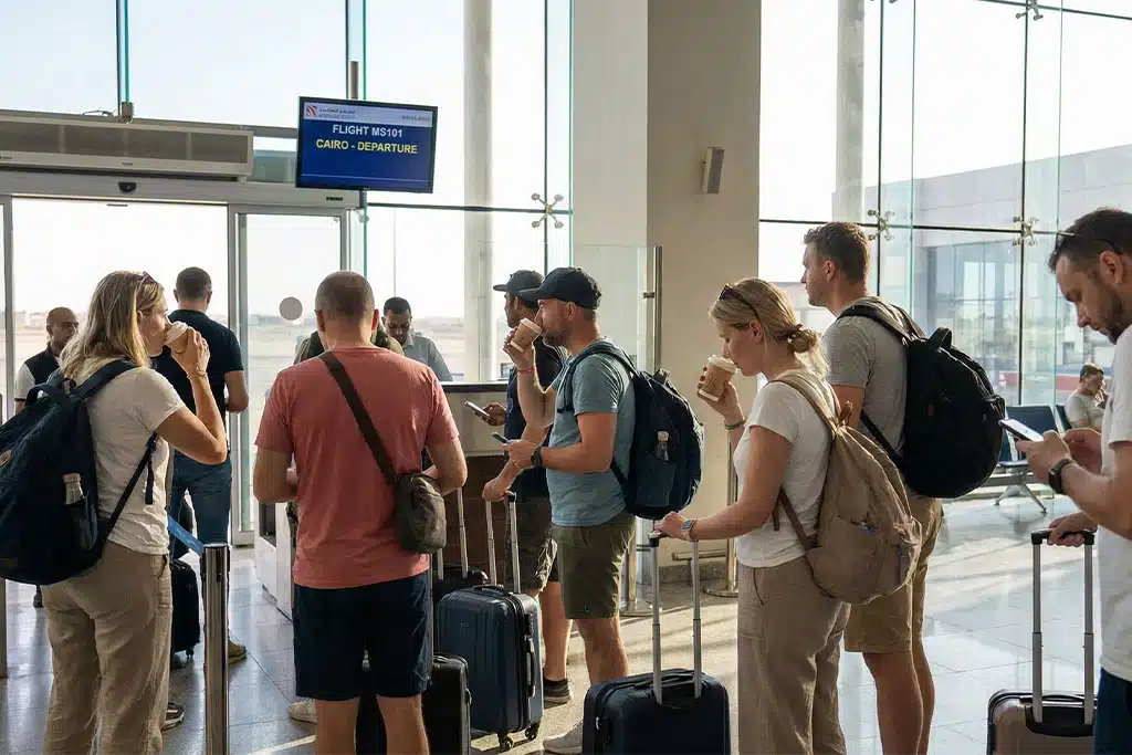 Travelers at Hurghada airport tour hurghada cairo, egyptologist tour guide