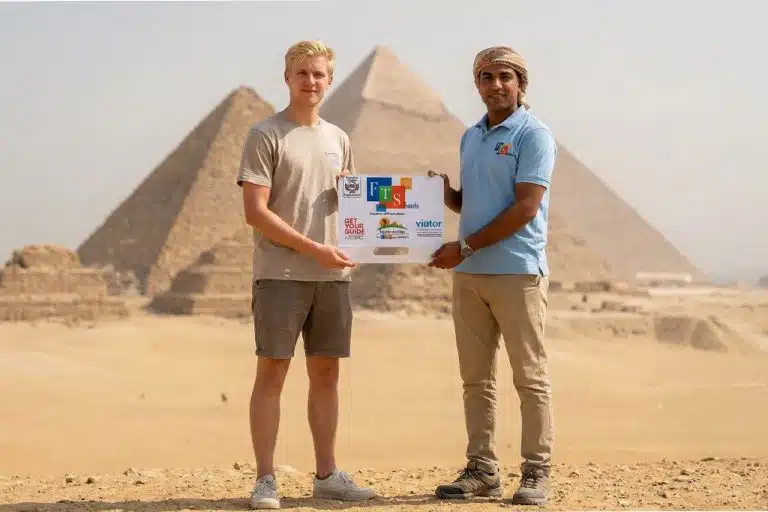 Traveler and guide at Giza Pyramids 8 day egypt tour