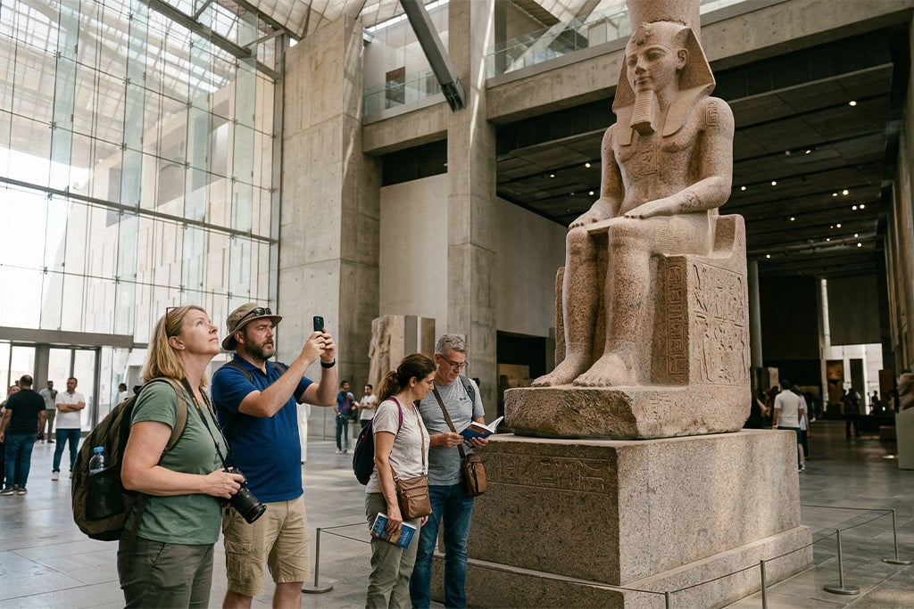 Visitors at the Grand Egyptian Museum admiring an ancient statue, GEM tickets, GEM guided