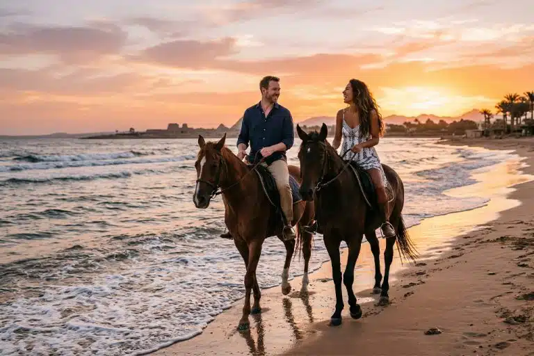 Couple enjoying at sunset horse trail riding near me, horse riding tours