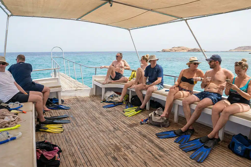 Guests on a boat dolphin tour hurghada, boat trip hurghada