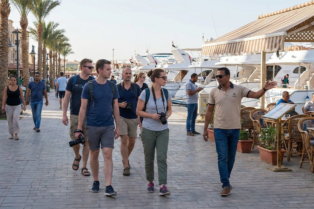 Group walking along the marina city tour booking, city tour hurghada