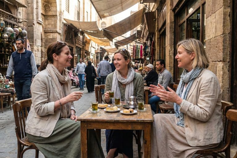 Women enjoying tea and pastries khan khalili, cairo market