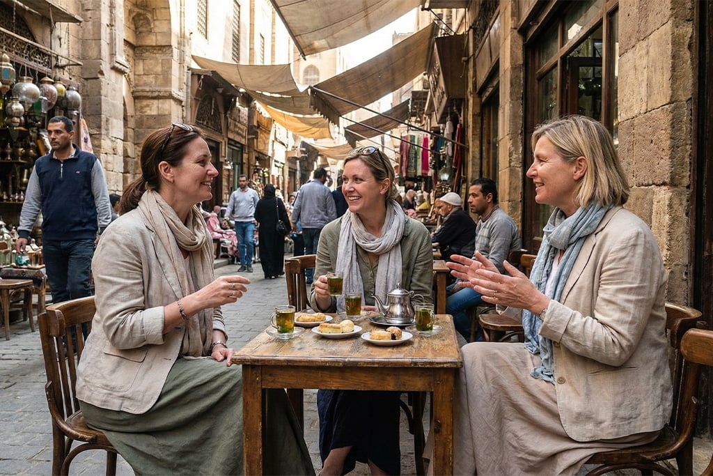 Women enjoying tea and pastries khan khalili, cairo market