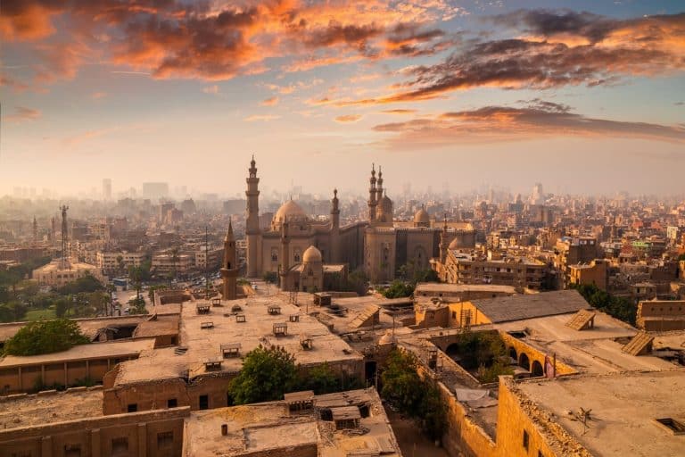 Cairo skyline at sunset with khan khalili, khan al khalili
