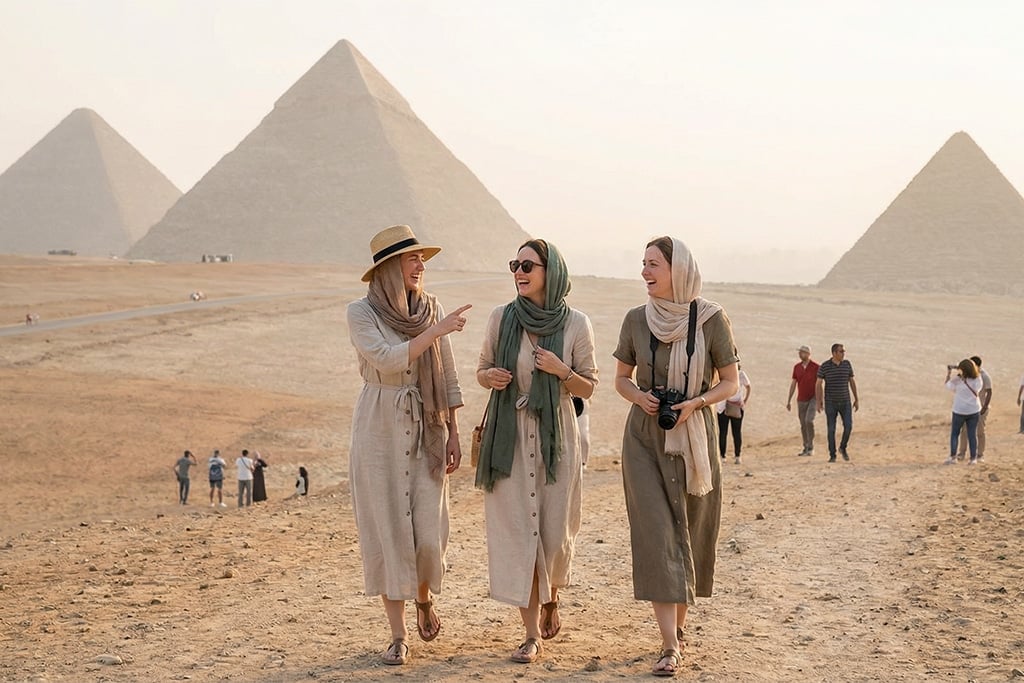 Women enjoying a tour near the pyramids at khan khalili, egyptian museum egypt