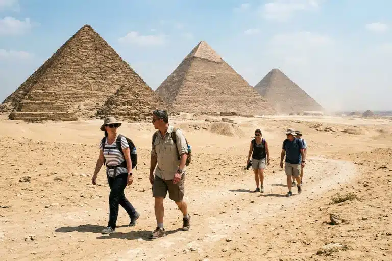 Travelers walking near the Giza Pyramids marsa alam excursions, marsa alam trips