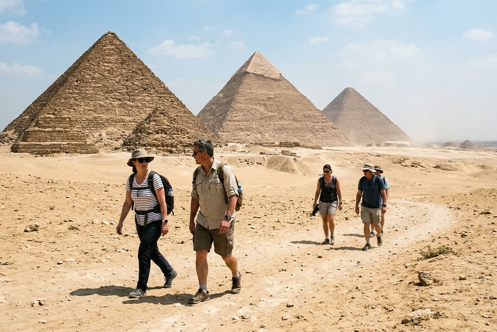 Travelers walking near the Giza Pyramids marsa alam excursions, marsa alam trips