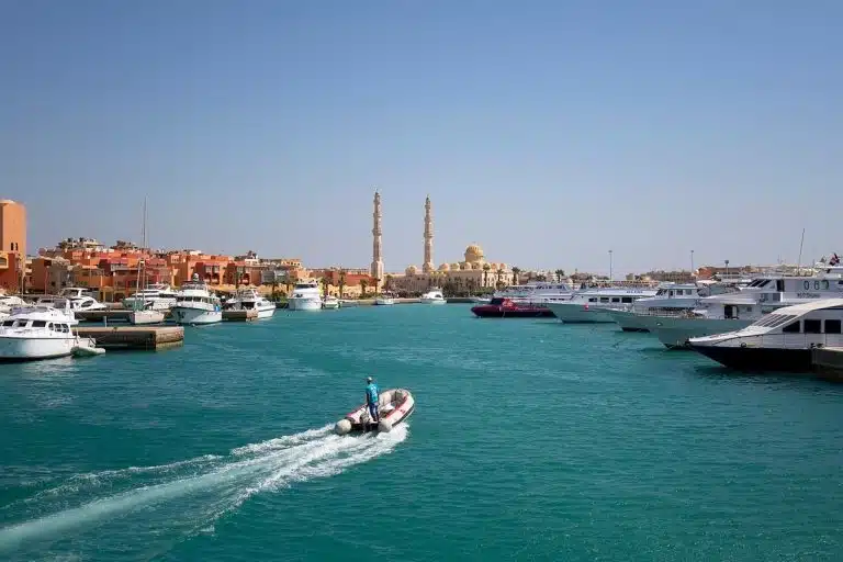 Scenic view of Hurghada marina with boats and clear waters, hurghada massage, massage in hurghada