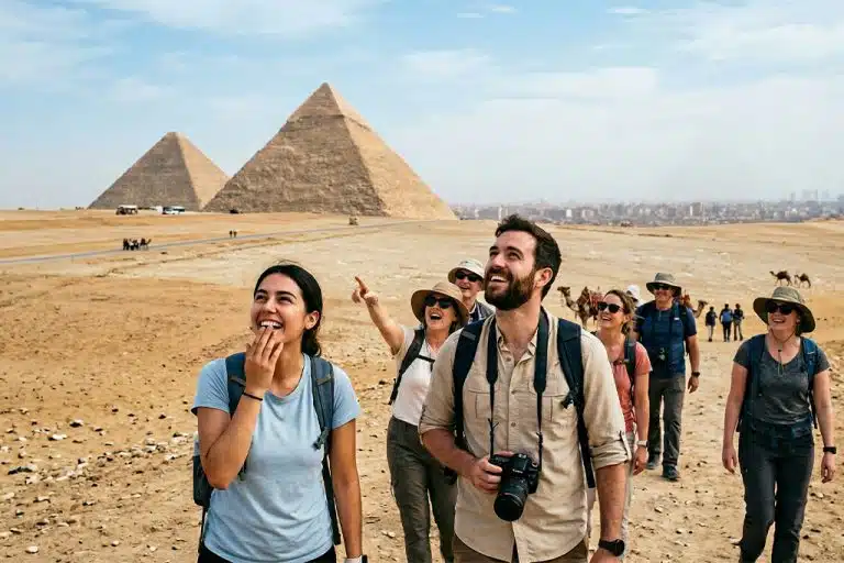 Group of travelers enjoying the pyramids on their sharm el sheikh to cairo plane, sharm el sheikh to pyramids