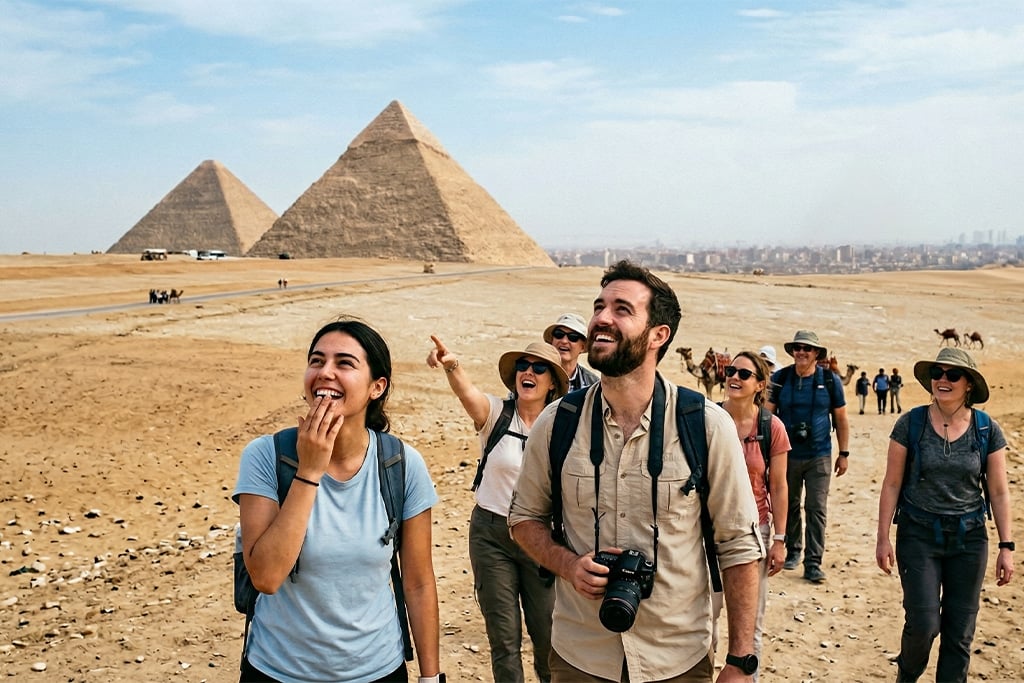 Group of travelers enjoying the pyramids on their sharm el sheikh to cairo plane, sharm el sheikh to pyramids