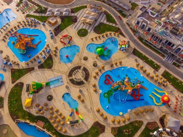 Aerial view of a vibrant aqua park in sharm, aqua park egypt cairo