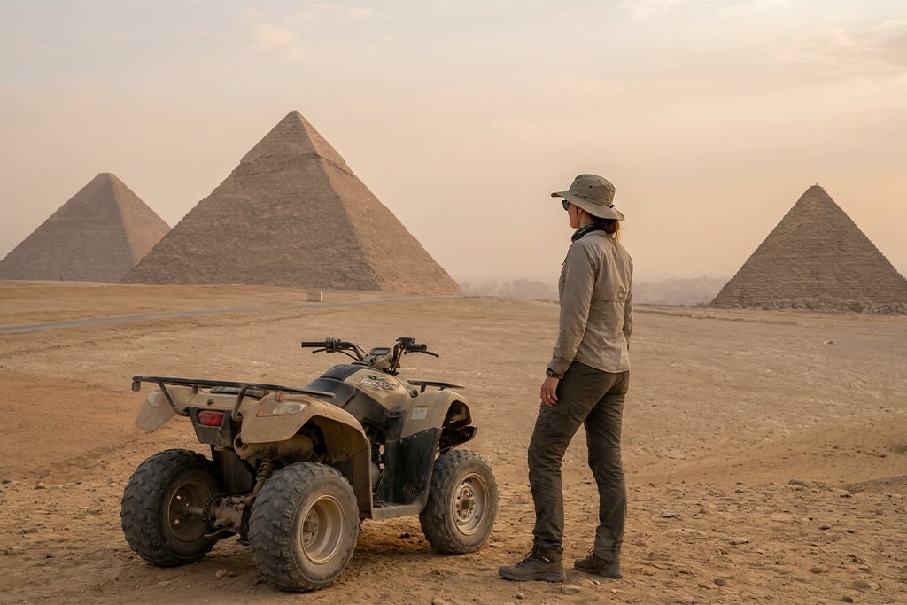 Person on a quad bike with the in the background. camel riding, giza pyramids size