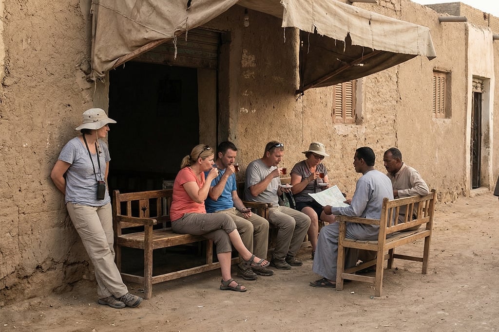 Travelers in Qurna Village discussing luxor private tours, luxor airport transfer