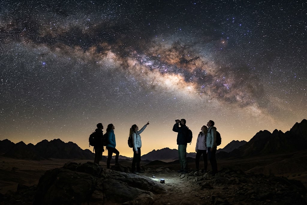 Group enjoying luxury dinner set, stargazing tour joshua tree