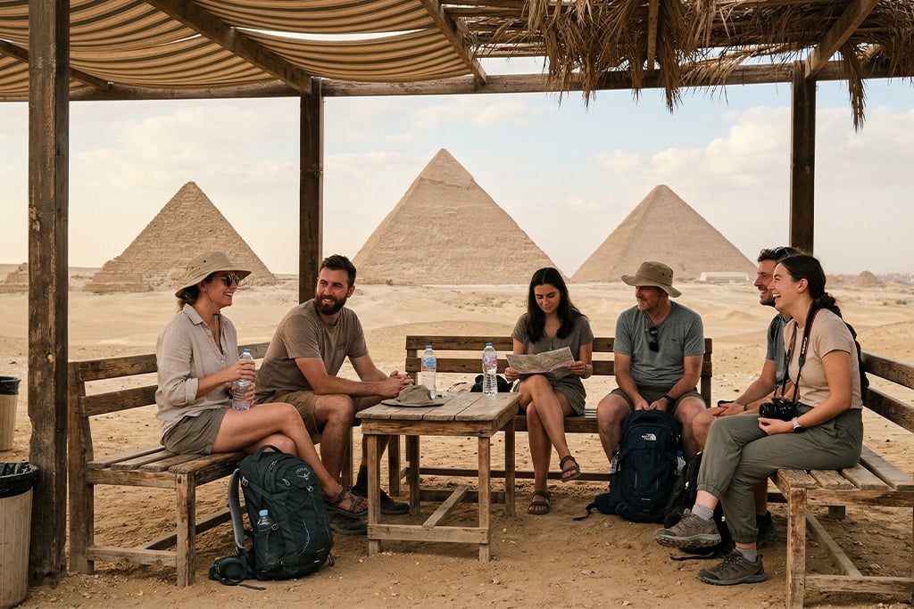 Travelers resting near the pyramids during sharm el sheikh to cai sharm el sheikh to cairo plane, sharm el sheikh to pyramids