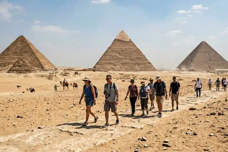 Group walking near the Pyramids of Giza during sharm el sheik sharm el sheikh to cairo plane, cairo tour from sharm el sheikh