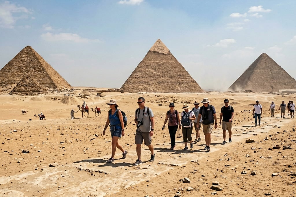 Group walking near the Pyramids of Giza during sharm el sheik sharm el sheikh to cairo plane, cairo tour from sharm el sheikh
