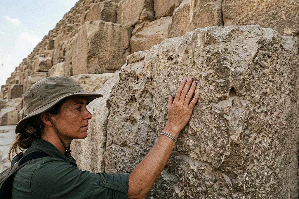 Traveler touching ancient stones at the pyramids sharm el sheikh to cairo plane, sharm el sheikh to pyramids