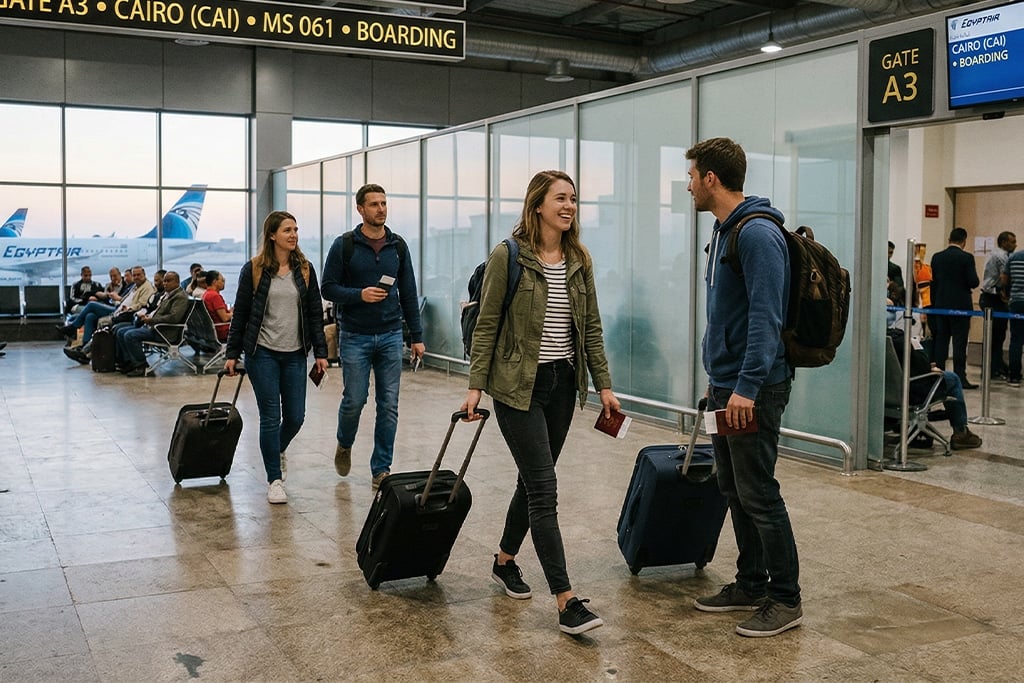 Travelers at the airport sharm el sheikh to cairo plane, cairo tour from sharm el sheikh