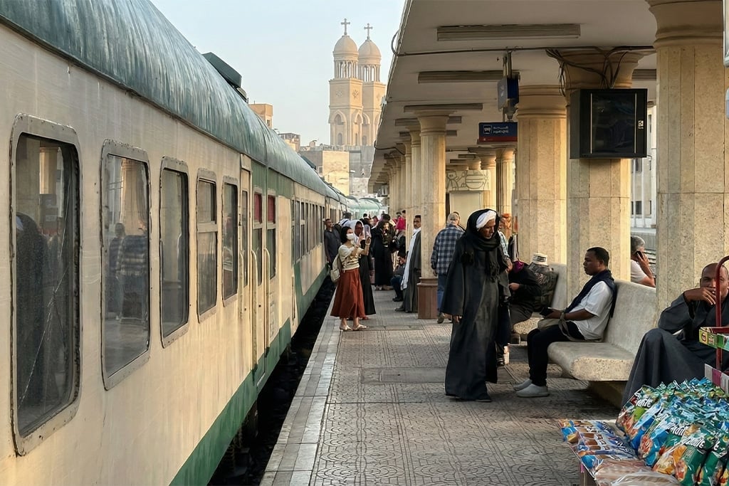 Cairo train station bustling with travelers overnight train, egypt private tours