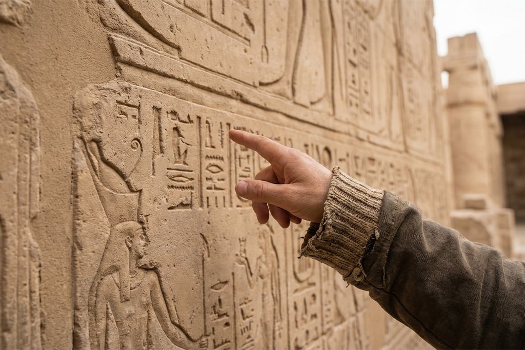 Traveler pointing at ancient hieroglyphs overnight train, overnight journeys