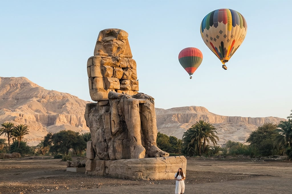 Hot air balloons over Colossi of Memnon overnight train, private tour