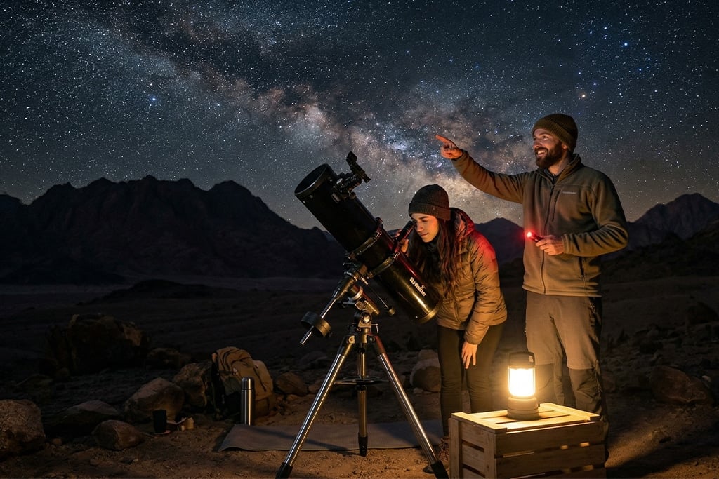 Couple enjoying a while luxury dinner set, stargazing tours