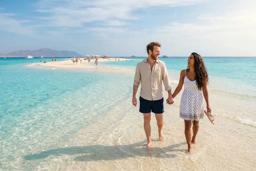Couple walking on White Island intro dive course sharm, boat trip ras mohammed