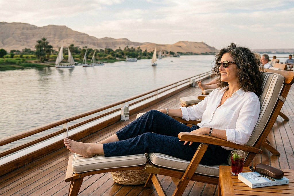 Woman relaxing on deck nile cruise luxor to aswan, luxury nile river cruise