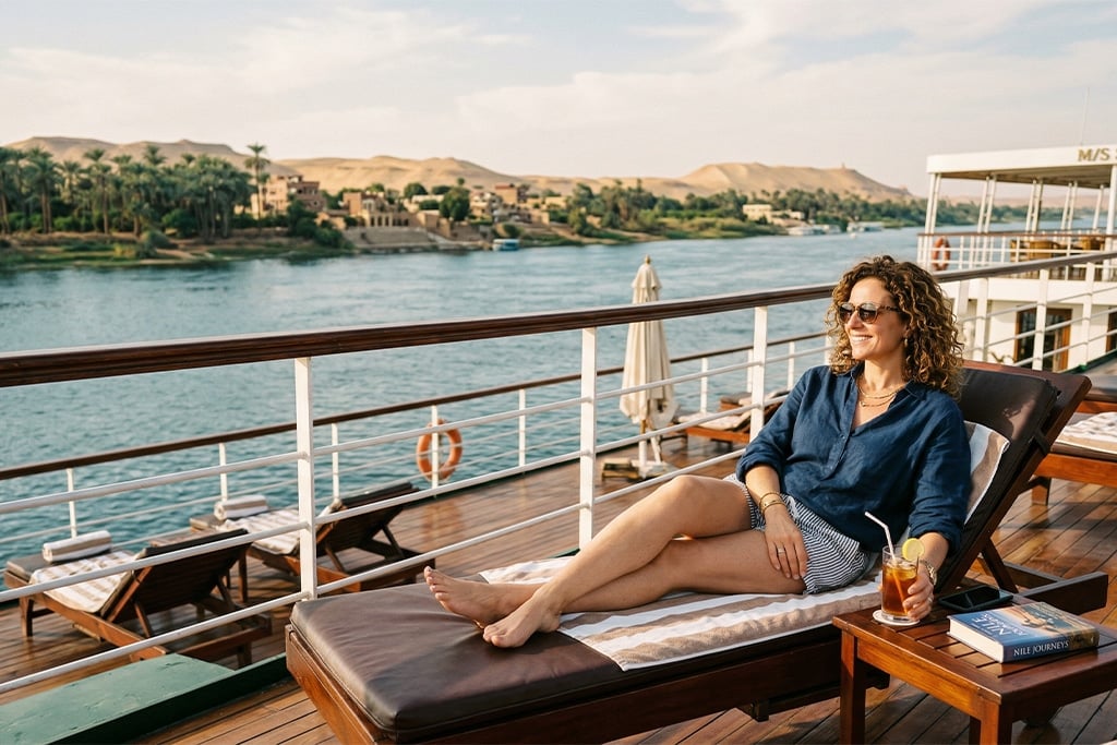 Woman relaxing on deck of egypt cruise, christmas tour