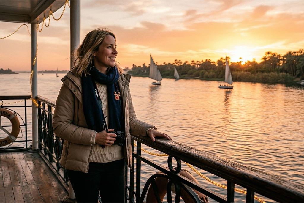 Traveler enjoying sunset egypt cruise, christmas tour