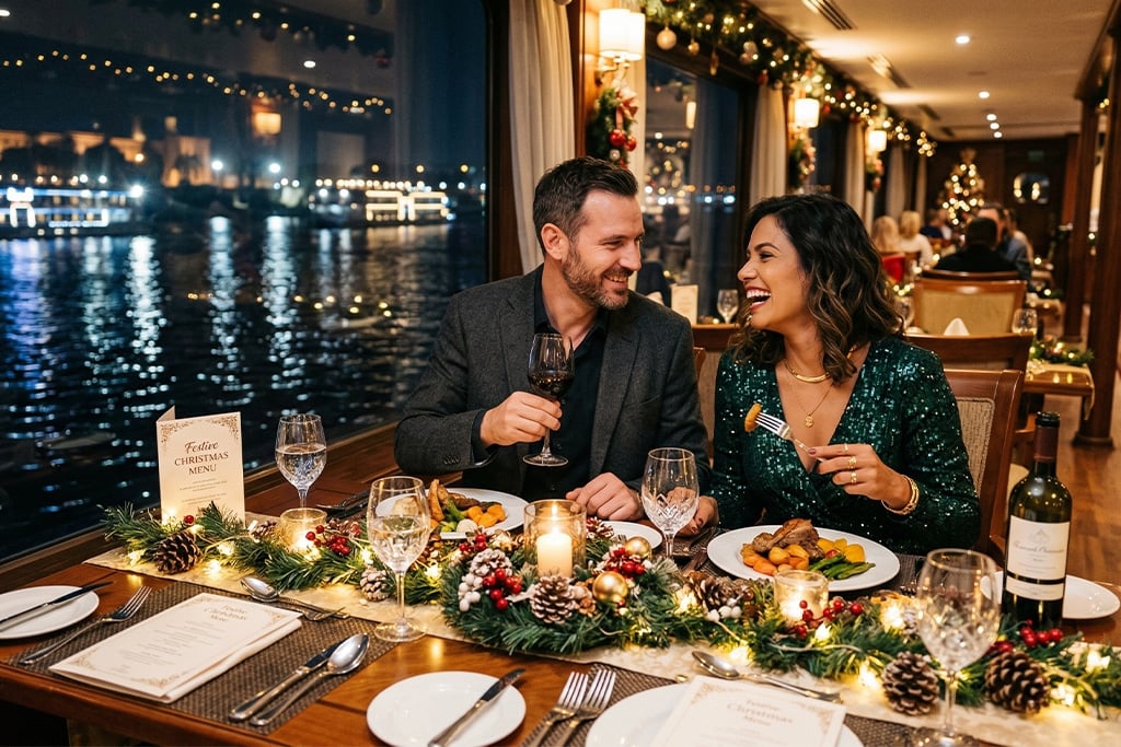 Couple enjoying a festive dinner egypt cruise, nile river cruise