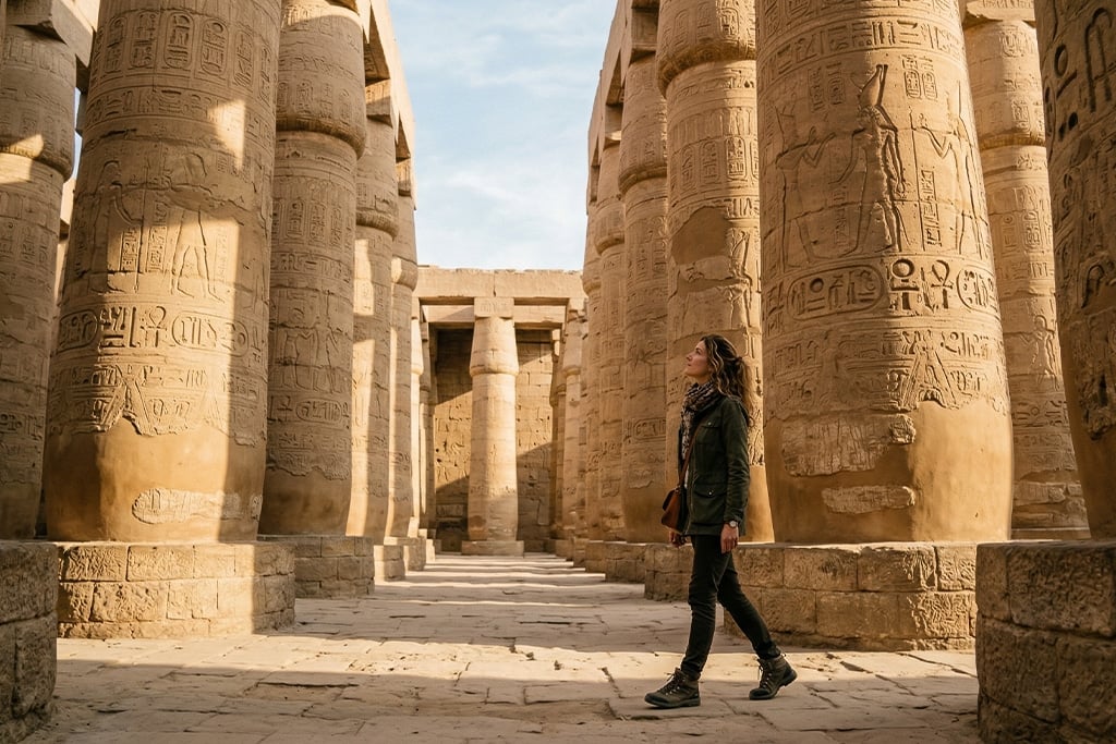 Traveler exploring ancient columns in Luxor egypt cruise, luxury cruise